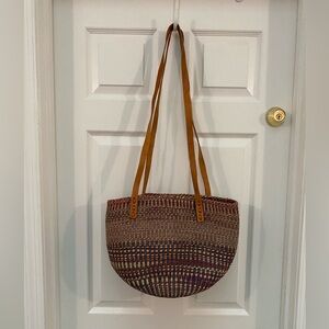 Handwoven Vintage Multi-Color African Sisal Market Tote w Tan Shoulder Straps
